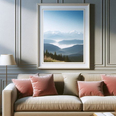 Interior of modern living room with beige sofa, pillows on the sofa, mountains in the background. 3d rendering mock upの写真素材