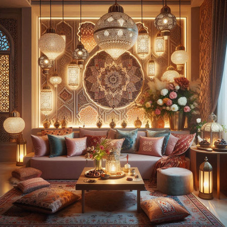Luxury living room interior in oriental style. 3D rendering