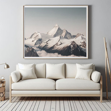 Modern interior design, living room with a white sofa and a picture on the wallの写真素材