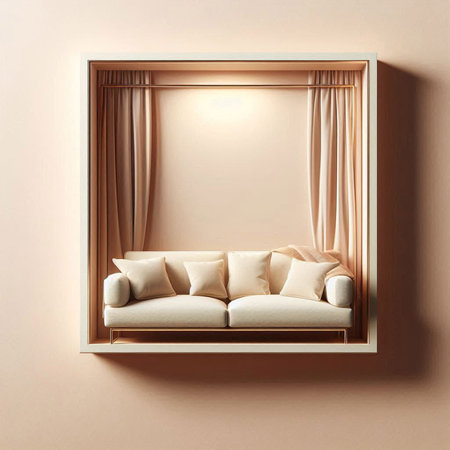 interior of a room with a window and a sofa, 3d renderの写真素材