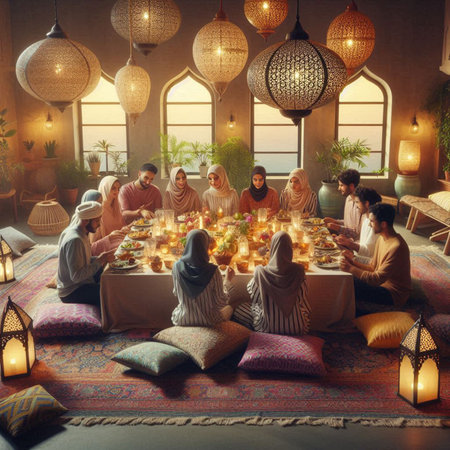 Muslim family during Eid al-Fitr celebration in Ramadan Kareemの写真素材