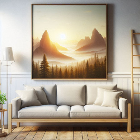 Interior of a modern living room with a white sofa and a picture on the wall.