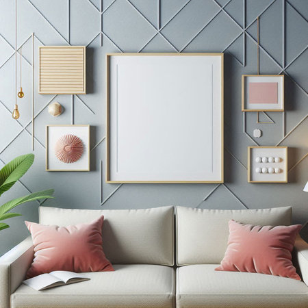 Mock up poster frame in interior background, Scandinavian style, 3D renderの写真素材