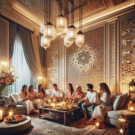 Group of young people having dinner in luxurious living room.の写真素材