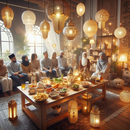 Eid Mubarak Celebration Concept. Muslim family celebrating Eid Mubarak in the living room.の写真素材
