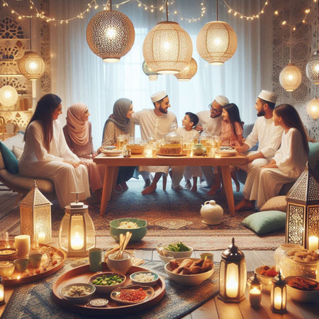 Group of Muslim people having dinner at home during Ramadan Kareem.の写真素材
