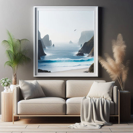 Modern living room interior with sea view. 3d rendering mock upの写真素材