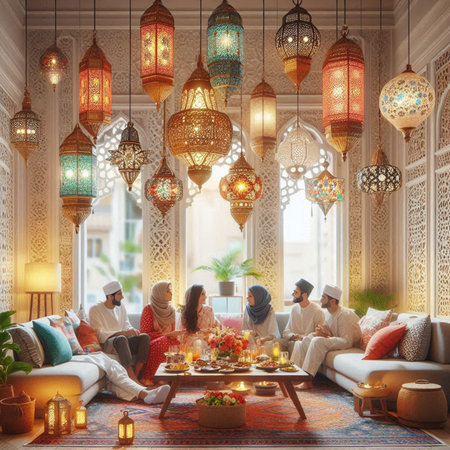 Muslim family celebrating Eid Mubarak at home. Ramadan Kareem concept.の写真素材
