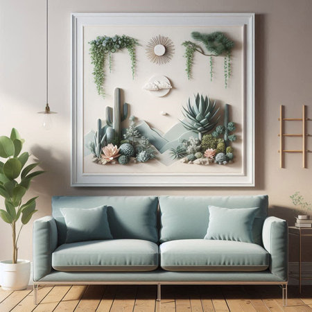 Interior of modern living room with blue sofa, plants and decoration. 3d renderの写真素材