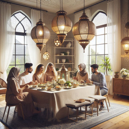 Muslim family having a dinner together at home during Ramadan Kareem.の写真素材