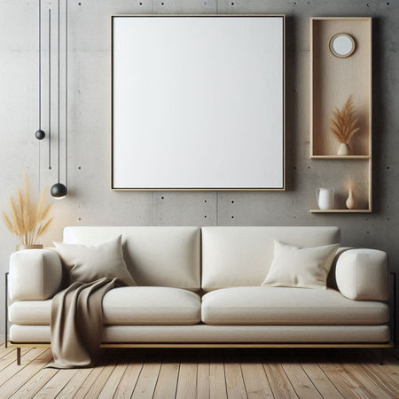 Interior of modern living room with white sofa, mock up poster, 3d render