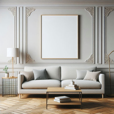 Mock up poster frame in classic interior background. 3d render illustration