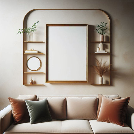 Interior of living room with beige sofa, bookshelf, coffee table and mock up poster frame. 3d render