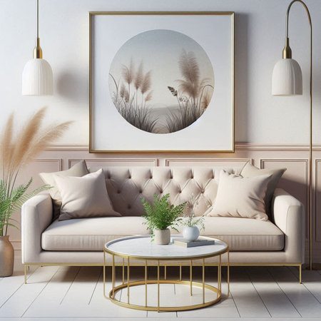 Interior of modern living room with beige sofa, round coffee table, 3d render