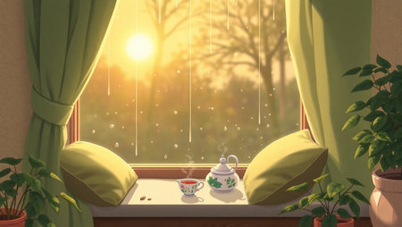 Cup of tea with teapot on the window. 3d illustrationの写真素材
