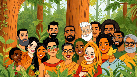 Vector illustration of a group of Indian people in the forest. Cartoon style.