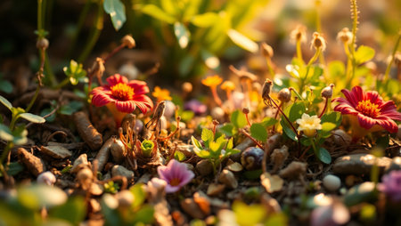 Flower garden in the morning with sunlight and bokeh.の写真素材