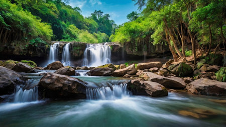 Huay Mae Kamin Waterfall, Kanchanaburi, Thailandの写真素材