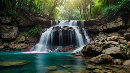 Beautiful waterfall in deep forest. Panorama of beautiful waterfall in deep forest.の写真素材