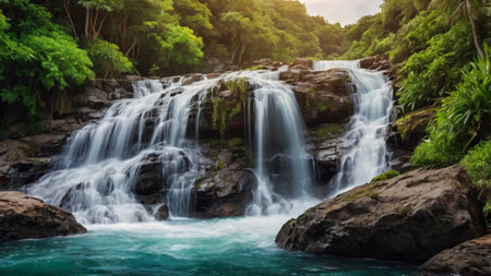 Panoramic view of waterfall in tropical rainforest. Beautiful nature landscape.の写真素材