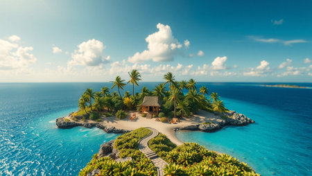tropical island with palm trees and blue sea. 3d renderの写真素材