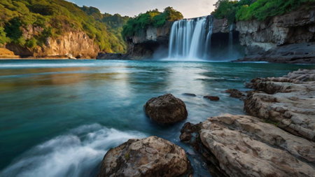Panoramic view of the waterfall in the national park of Sri Lankaの写真素材