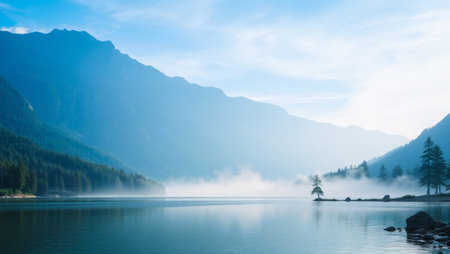 Mountain lake in the morning mist. Landscape with mountains.の写真素材