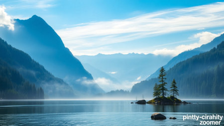 Foggy morning on the lake. Mountain lake in the mountains.の写真素材