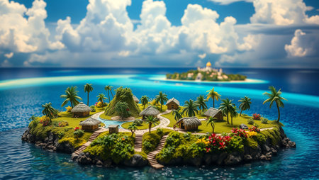 Tropical island with palm trees and bungalows. 3d renderの写真素材