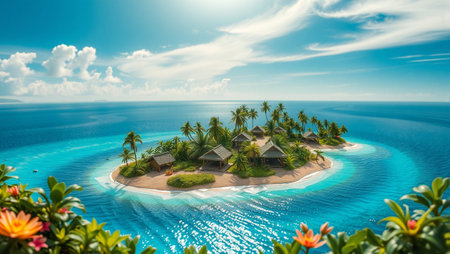 Tropical island with palm trees and bungalows at the oceanの写真素材