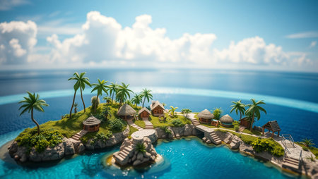 tropical island with palm trees and bungalows. 3d renderの写真素材