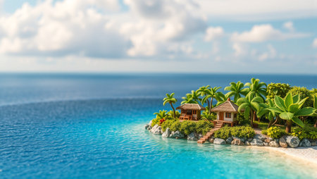 tropical island in Maldives with few palm trees and blue lagoonの写真素材