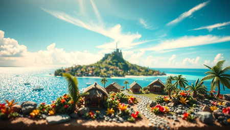 Miniature island in ocean. Travel and vacation concept. Vintage toneの写真素材