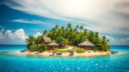 tropical island in Maldives with few palm trees and blue lagoonの写真素材