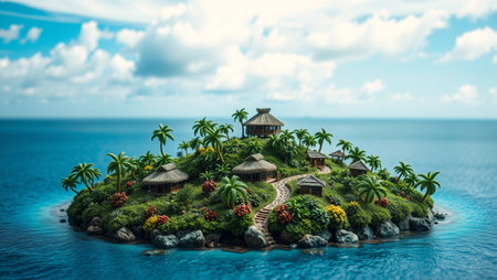 Tropical island with palm trees and bungalows on the waterの写真素材