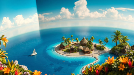 Tropical island in the middle of the ocean. 3d renderの写真素材