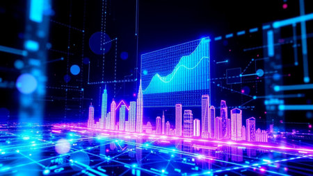 Futuristic city with glowing forex chart. Finance and trade concept. 3D Renderingの写真素材
