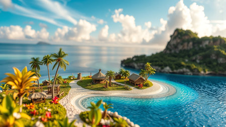 Tropical island with palm trees and bungalows in the oceanの写真素材