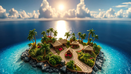 Mini island with palm trees and bungalows. 3d renderの写真素材