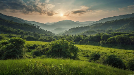 Beautiful sunrise in the mountains. Landscape with green meadow and forest.の写真素材