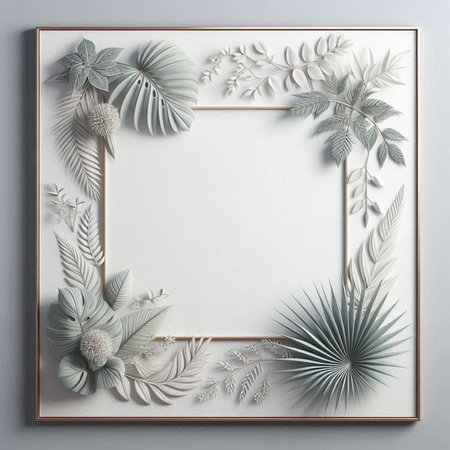 Tropical leaves in frame on gray background, 3d render