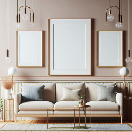 Mock up poster frame in hipster interior background, 3D render