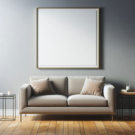 Modern living room interior with empty poster, sofa and coffee table. Mock up, 3D Renderingの写真素材
