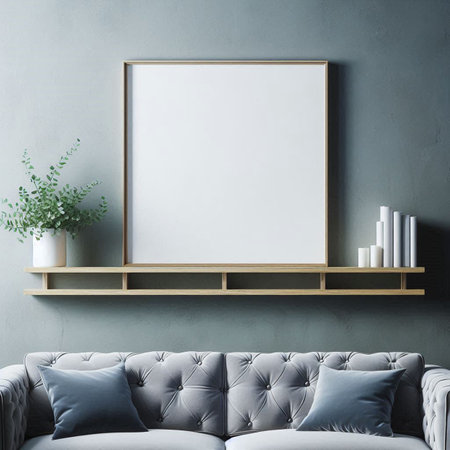 Interior of modern living room with gray sofa, wooden bookshelf and mock up poster. 3d render