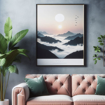 Modern living room interior with a sofa, a poster and a view of the mountains. 3d rendering mock up