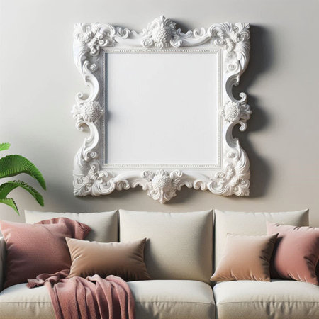 Mock up blank picture frame on sofa in living room. 3d render