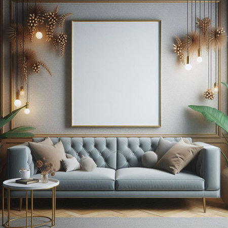 Mock up poster frame in modern interior background, 3D render illustration