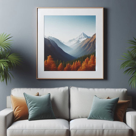 Living room interior with a sofa and a picture in a frame. 3d rendering