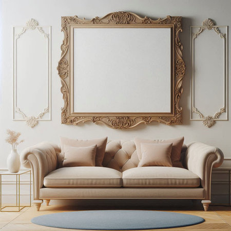 Living room interior with sofa and empty picture frames. Mock up, 3D Rendering