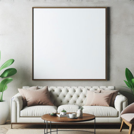 Interior of modern living room with white sofa, coffee table and blank poster on wall. Mock up, 3D...